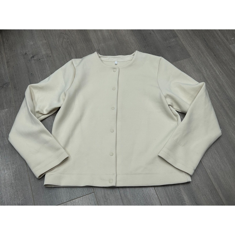 Muji Snap Front Sweatshirt Womens Large Beige Cotton‎ Double Knitted Cardigan